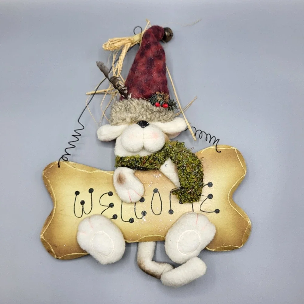 Vintage Puppy Dog Welcome Sign Wooden Wall Door 3D Hanging Plush Wood